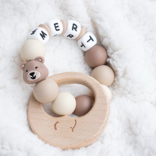 Bijtring met naam Teddy bear cream